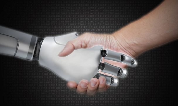 Roboter und menschliche Hände halten und verbinden sich per Handschlag auf binärem Code-Hintergrund. Intelligente KI, maschinelles Lernen und Chatbot-Konzepte. Die Koexistenz von KI und Menschen - Foto, Bild