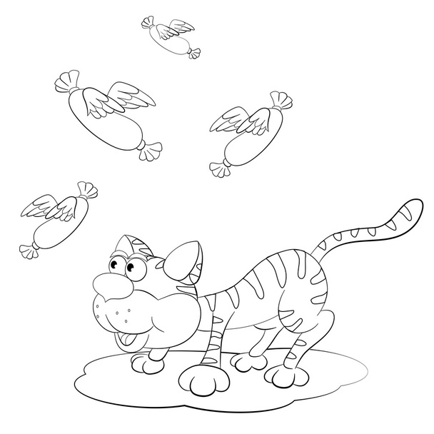 Γάτα γελοιογραφία με λουκάνικα - Διάνυσμα, εικόνα