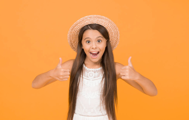 Summer happiness. Vacation mood. Tropical tour. Sale and discount. Goods for kids. Adorable little girl wearing elegant hat. Have funny summer holiday. Summer tour. Leisure and entertainment concept. - Photo, Image