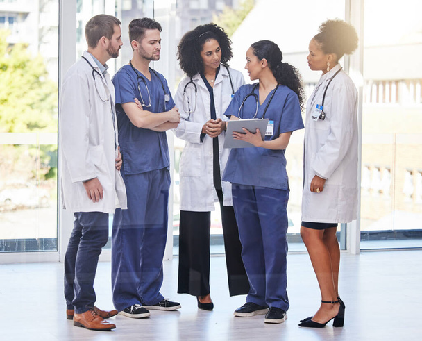 Doctors, teamwork and medical discussion in hospital for surgery planning, agenda report and schedule. Diversity group of healthcare staff in collaboration of paperwork, research and medicine results. - Foto, imagen