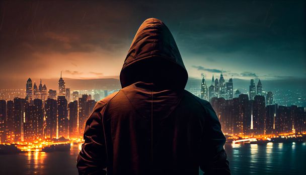 Egy kapucnis kabátos hacker áll egy városkép előtt. Generatív Ai technológia - Fotó, kép