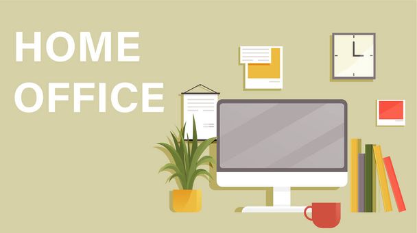 Home office concept with monitor on table, coffee cup and homeplant, stack of books and wall clock. Empty workplace with computer. Cosy workspace interior. Work from home, freelance or studying - Вектор, зображення