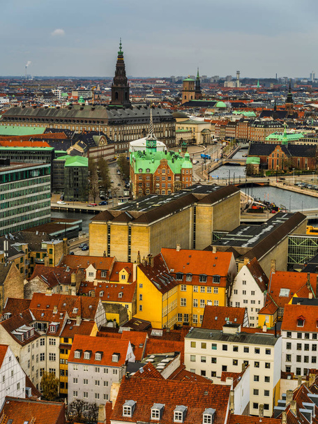 Aerial shot of Copenhagen's city centre colorful buildings, Denmark - Fotó, kép