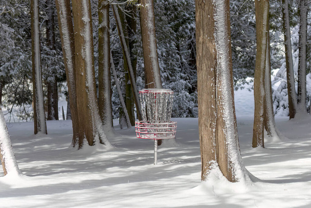 Disc-Golf-Korb im Park bedeckt Schnee - Foto, Bild