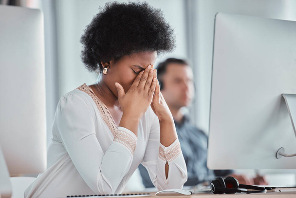 Headache, eye strain and call center with black woman in office for stress, depression and mental health. Contact us, consulting and customer support with employee suffering with migraine and fatigue. - Foto, Imagen
