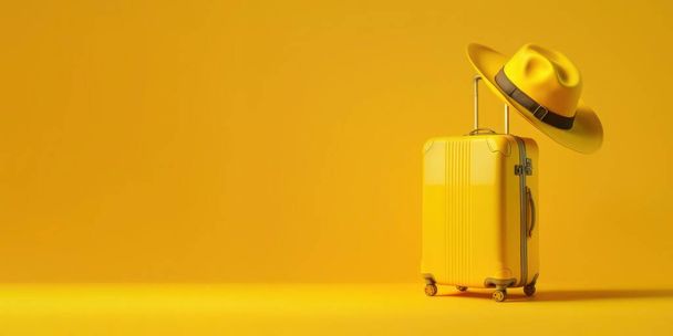 Yellow Luggage and Hat Travel on yellow background - Photo, image
