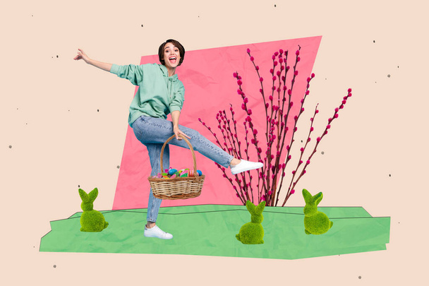 Composite creative collage photo of young overjoyed girl dancing hold basket with drawing eggs outdoors easter decor isolated on pink background. - Fotó, kép