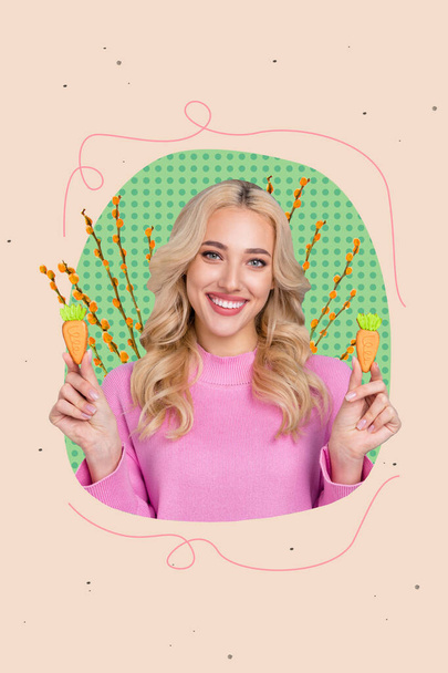 Photo of sweet charming pretty attractive young lady hold sugar confectionery baked biscuits mini carrots easter holiday isolated on pink background. - 写真・画像