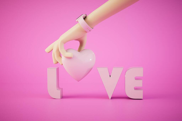 el concepto de enamorarse. la mano que sostiene el corazón dentro de la inscripción del amor. Renderizado 3D. - Foto, imagen