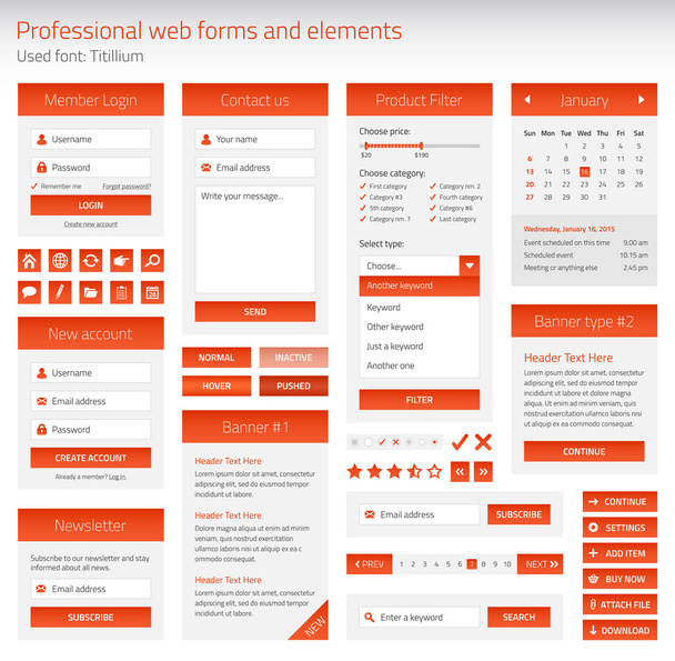 Turuncu web formları ve açık renkli öğelerinde profesyonel set - Vektör, Görsel
