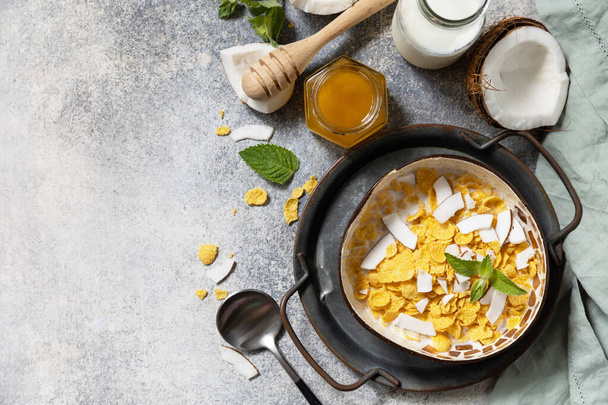 Veganistisch gezond ontbijt. Granola ontbijtvlokken met kokosnoot niet-zuivel alternatieve melk en verse kokosnoot plakjes op een stenen tafelblad. Zicht van bovenaf. Kopieerruimte - Foto, afbeelding