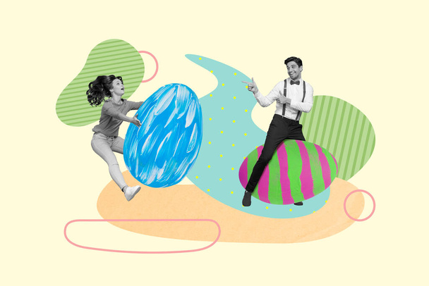 Creative 3d photo collage artwork graphics of excited smiling couple riding colorful easter eggs isolated drawing background. - Фото, зображення