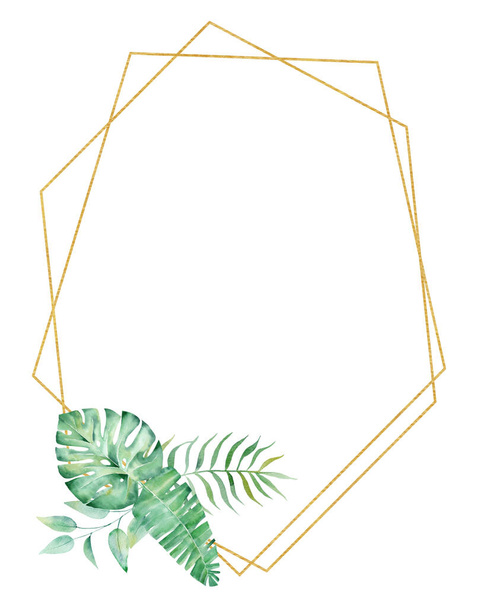 Exotic watercolor tropical frame border palm tree. Summer clipart illustration. Template for card. Watercolor style - Fotó, kép