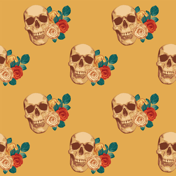 Seamless pattern with human skulls and roses. Vector background with sinister smiling skulls. Graphic print for clothes, fabric, wallpaper, wrapping paper - ベクター画像