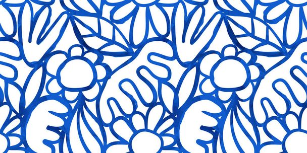 Abstract watercolor flower nature art seamless pattern illustration. Modern hand drawn floral painting, spring acrylic paint drawing background. Blue color flowers wallpaper print. - Vector, Image