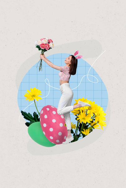 Collage 3d image of pinup pop retro sketch of excited smiling lady enjoying easter time rising flowers isolated painting background. - Foto, Imagem