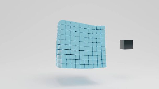 3D-Rendering einer Reihe blauer Würfel, die zu einem großen Würfel und einem schwarzen Würfel zusammengesetzt sind. Der schwarze Würfel ist kleiner, aber monolithisch. 3D-Illustration der Idee des Vorteils der Einzigartigkeit. - Foto, Bild