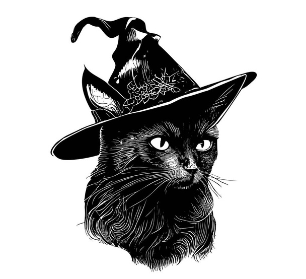 Chat noir dans un chapeau de sorcière portrait croquis dessin à la main Halloween illustration - Vecteur, image