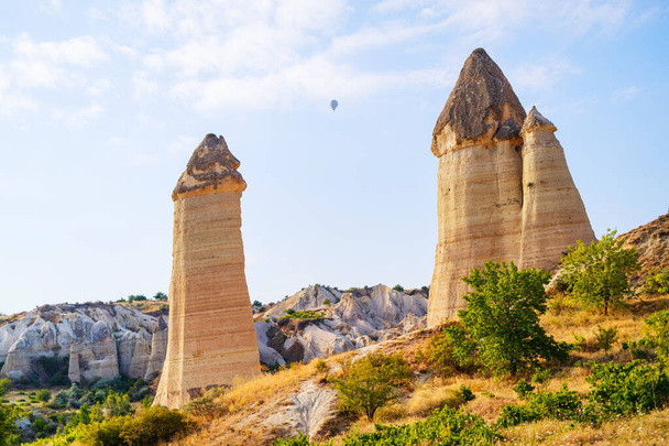 Gorkundere Valley view of rock formations and fairy chimneys in Cappadocia Turkey - Fotoğraf, Görsel