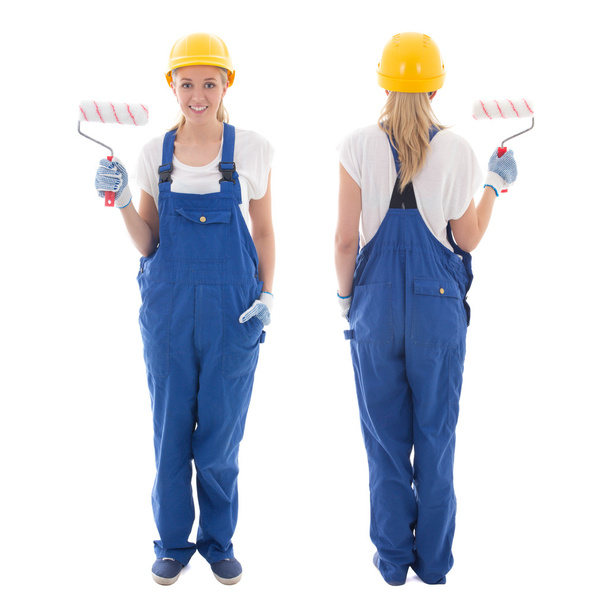 front and back view of young woman painter in blue builder unifo - Photo, Image