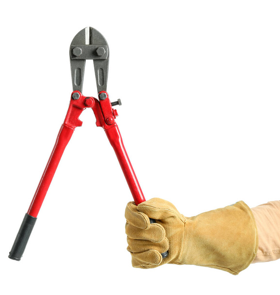 Worker with bolt cutter on white background - Photo, Image