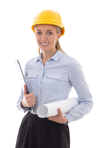деловой женщина - архитектор в шлеме строителя, изолированном на белом - Фото, изображение