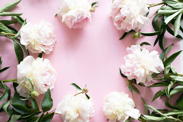 Fehér bazsarózsa rózsaszín háttérrel. Szabad hely a feliratnak. Gyönyörű üdvözlőlap. Anyák napja. Szerelem és romantikus koncepció - Fotó, kép