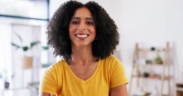 Happy, face and black woman in office at startup company, happy and excited with positive mindset. Smile, portrait and female with future vision for black business, confident or empowered by ambition. - Footage, Video