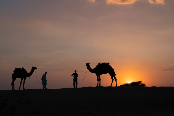 Силуэт двух верблюдов и их верблюдов в песчаных дюнах пустыни Тар, Раджастхан, Индия. Облако с заходящим солнцем, небо на заднем плане. Верблюды зарабатывают на жизнь верховой ездой туристов. - Фото, изображение