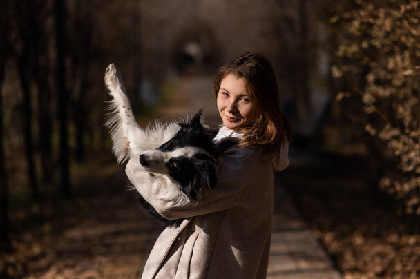 Caucasian woman holding a border collie in her arms while walking in the autumn park. Portrait of a girl with a dog - Foto, Imagem