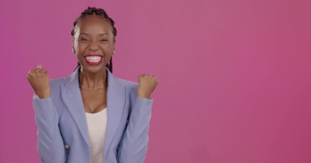 Face, mockup and black woman cheering, celebration and happiness against studio background. Portrait, African American female and lady with smile, goals and winner with victory, target and promotion. - Footage, Video