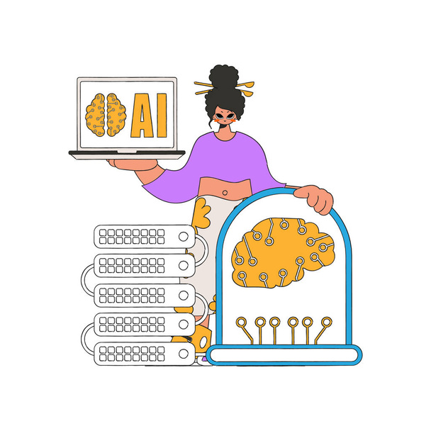 Girl with server, powered by artificial intelligence. Vector illustration. - Vector, Image