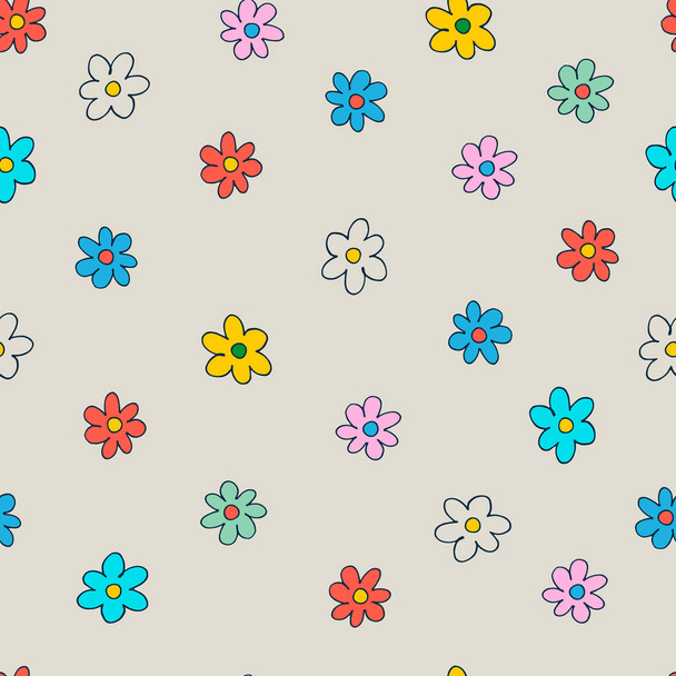 Seamless pattern with small colorful flowers in retro style. Retro 60s, 70s design for gift wrap, textile, home decor - Διάνυσμα, εικόνα