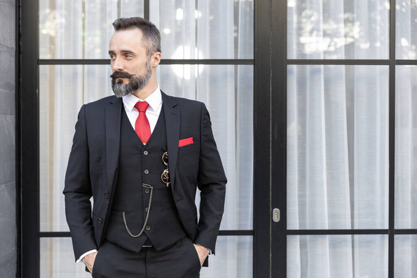Portrait hispanic latin moustache gentlemen fashion stylish dressing tuxedo jacket suit smart handsome model. Business man boss lawyer latino standing. - Foto, Imagen