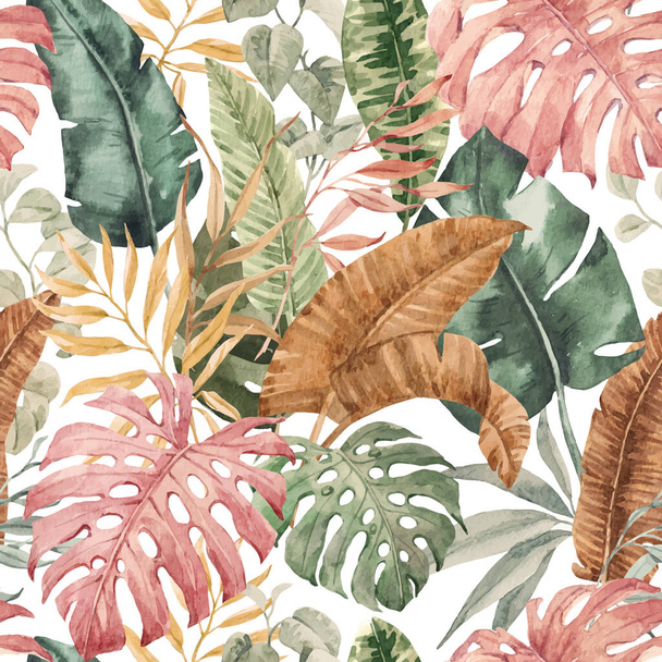 Beautiful autotraced vector seamless pattern with watercolor colorful tropical palm leaves. Stock illustration. - Διάνυσμα, εικόνα