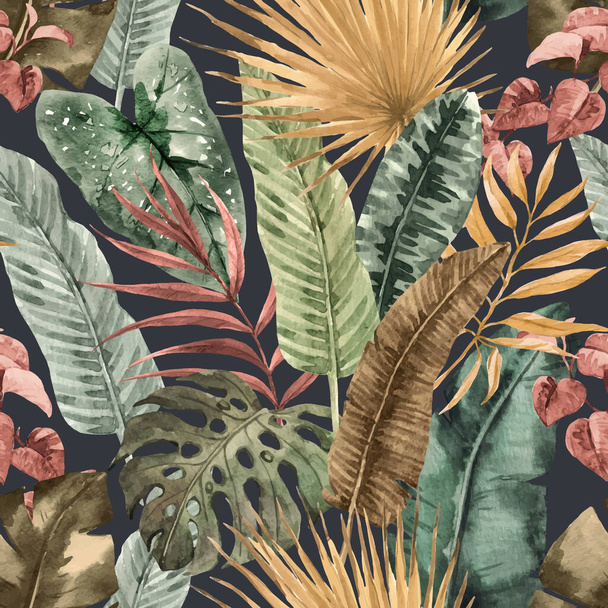 Beautiful autotraced vector seamless pattern with watercolor colorful tropical palm leaves. Stock illustration. - Vector, Image