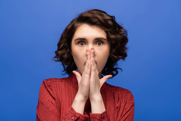 shocked language tutor covering mouth with hands while looking at camera isolated on blue  - Foto, Imagem