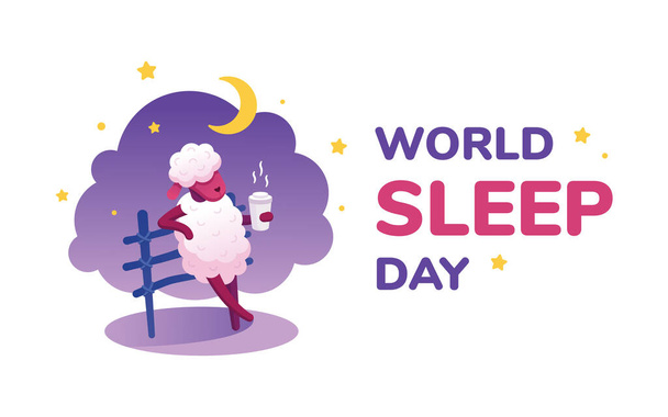 World Sleep Day banner, postcard with esting dream sheep and text. Vector illustration for international holiday. Cartoon style, flat design - Vector, Image