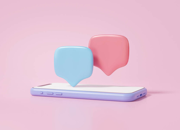 3D пузырь чат значок или комментарий с мобильными социальными сетями онлайн концепции. разговор, чат, сообщение, смс, общение, мультфильм симпатичный гладкий на розовом фоне, баннер, 3D иллюстрация - Фото, изображение
