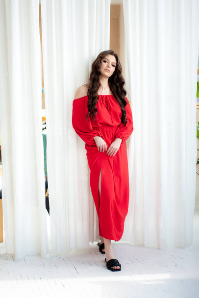 Beautiful smiling woman in long red dress sensual posing - Zdjęcie, obraz