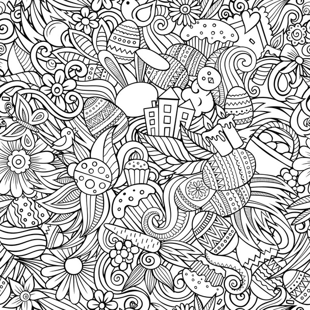 Sarjakuva söpö doodles käsin piirretty Hyvää pääsiäistä saumaton kuvio. Line taidetta yksityiskohtaisesti, jossa on paljon esineitä tausta. Loputon hassu kuva. - Valokuva, kuva