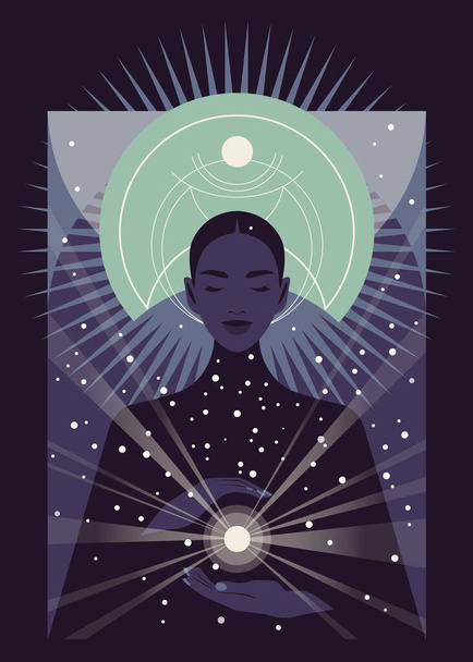 Goddess of Fortune with a crystal ball. Mythology. Dark night. Paganism and religion. Vector flat illustration - Vector, Image