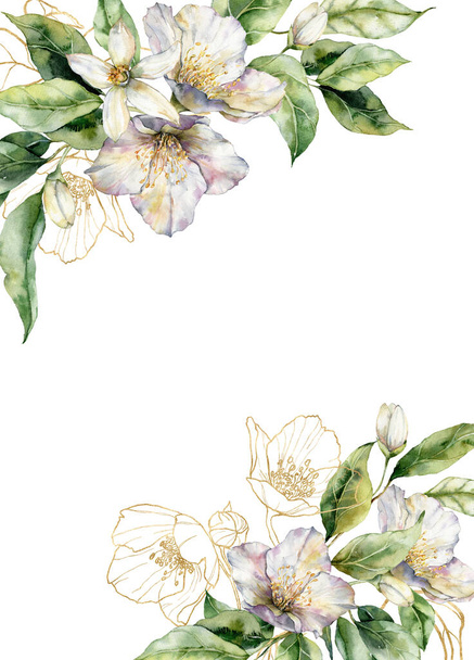 Vesiväri kukka raja linjan taiteen jasmiini ja kulta lehtiä. Käsin maalattu oksa tuoreita kasveja eristetty valkoisella pohjalla. Kukka kuvitus suunnittelu, tulostaa, kangas, tausta - Valokuva, kuva