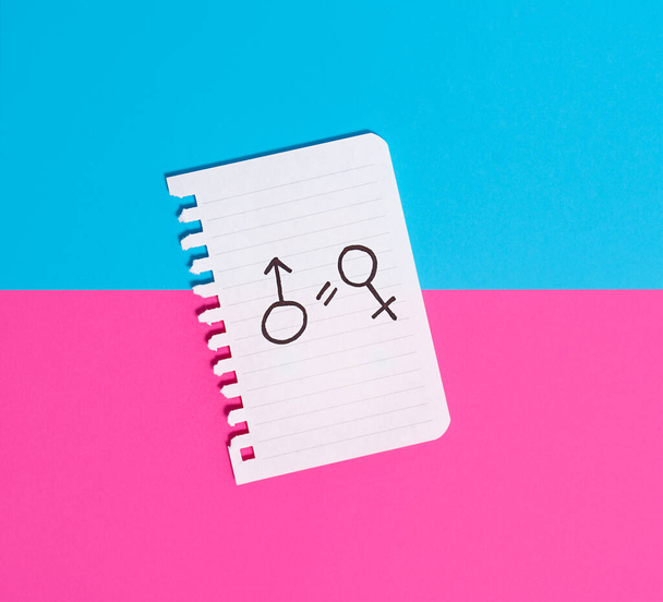 男女共同参画の概念。青いピンクの背景に女性と男性のシンボルが描かれたトーンペーパー。男女の権利の平等. - 写真・画像