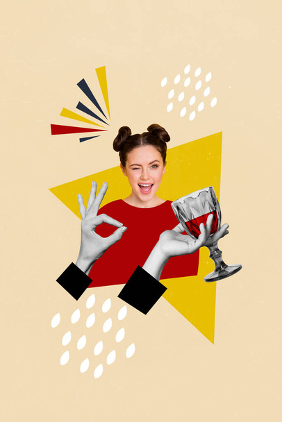 Composite collage image of funky winking young woman hands showing okey sign hold wine glass taste drunk have fun party disco bachelorette. - Фото, зображення