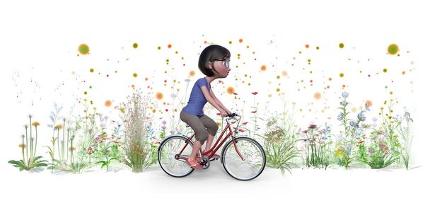 Havada yüzen polenlerle bahar alerjisinin 3 boyutlu bir örneği. Çiçekler ve bitkiler arasında bisiklet süren gözlüklü genç bir kadın.. - Fotoğraf, Görsel