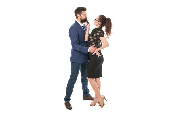 Put romance back in business. Couple in love isolated on white. Director and sexretary conduct office romance. Bearded man flirt with sexy woman. Workplace romance. Love and romance. - Zdjęcie, obraz