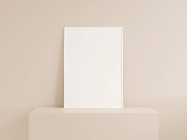 Vista frontal limpia vertical blanco foto o marco del cartel maqueta se inclina contra la pared. renderizado 3d. - Foto, imagen