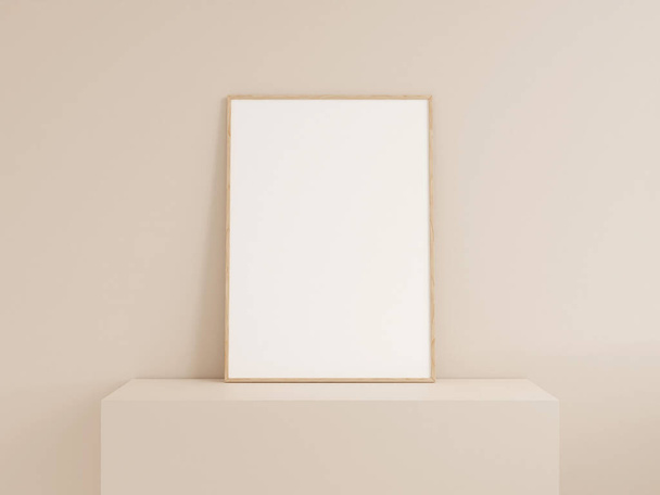 Clean front view vertical wooden photo or poster frame mockup leanings against wall. 3d rendering. - Photo, Image