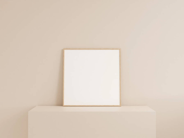 Clean front view square wooden photo or poster frame mockup leanings against wall. 3d rendering. - 写真・画像